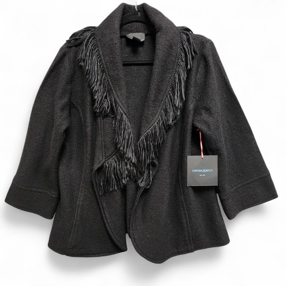 Cynthia Rowley Jacket Womens L Black 100% Wool Fringe Open Front No Belt NEW - Picture 1 of 8